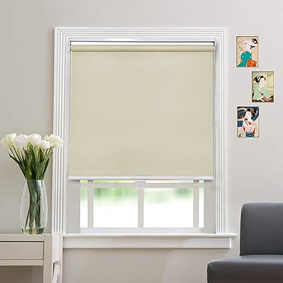 Blackout Cordless Roller Blinds and Shades for Windows - Safety Spring Roller Shades - Cordless Privacy Room Darkening [Beige 100% Blackout,26 W x 48 H] - Custom Made