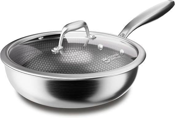 COOKER KING 12" Hybrid Wok Pan with Lid, Nonstick Deep Skillet for Stir-Fry | Non-Toxic Coating, Dishwasher & Oven Safe, Induction Ready, Stay-Cool Handle, 3-Ply Stainless Steel Clad for Fast Heat