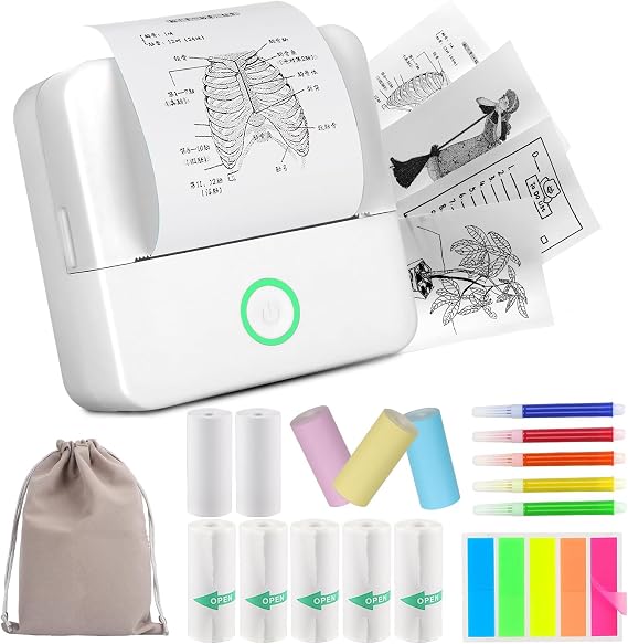 Mini Pocket Printer Portable Thermal Photo Printer with 10 Rolls Printing Paper for Android or iOS APP, Bluetooth Inkless Printer Labler Maker (White)