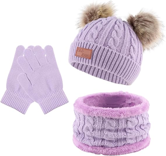 Peecabe Baby Kids Knit Hat Scarf Glove Set Pompom Beanie Fleece Fall Winter