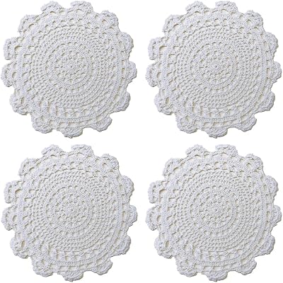 Phantomon Handmade Crochet Round Cotton Lace Table Placemats Doilies Pack of 4, White 10 Inch