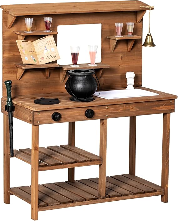 BRINJOY Mud Kitchen Playset for Kids, Wooden Magic Kitchen Set w/Wand, Recipe, Removable Sink, Faucet, Stove, Toddler Outdoor Pretend Play Kitchen, Witch Role Play, Fairy Potion, Gift for Boys Girls