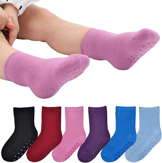 JORMATT 6 Pairs Toddler Thick Thermal Crew Socks Baby Winter Socks Boys and Girls Cute Warm Slipper Socks with Non Slip Girps