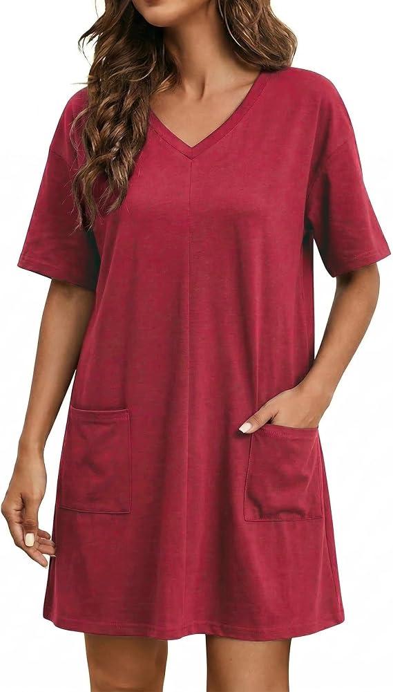 Marvmys Women Cotton Nightgowns Oversized Short Sleeve Lounge Dress Soft Comfy Nightshirts with Pockets Sleepwear S-2XL
