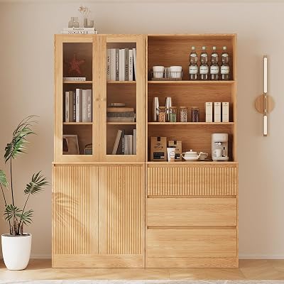TUSY 71 Freestanding Tall Storage Cabinet, 5 Tier Wood Bookcase with 3 Drawers and 2 Tempered Glass Doors AB