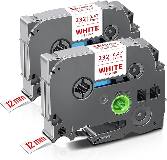 Unismar Compatible for Brother TZe-232 Red on White 12mm 0.47 Tz Tape | Laminated Red 1/2 Label Tape Work for Ptouch PT-D220 PTD210 PTH110 PTH100 PTD600 PTD200 Label Maker, 1/2 in x 26.2 ft, 2-Pack