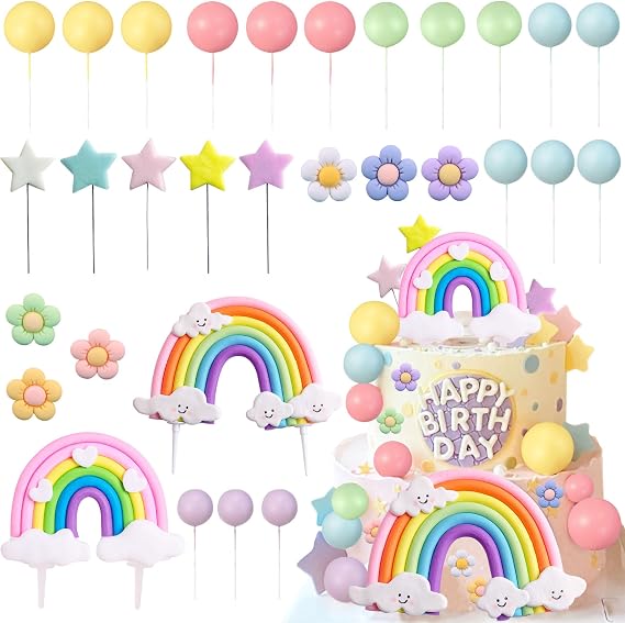 Rainbow Cake Topper Rainbow Theme Party Supplies | Pastel Balls Cake Topper Boho Cake Toppers