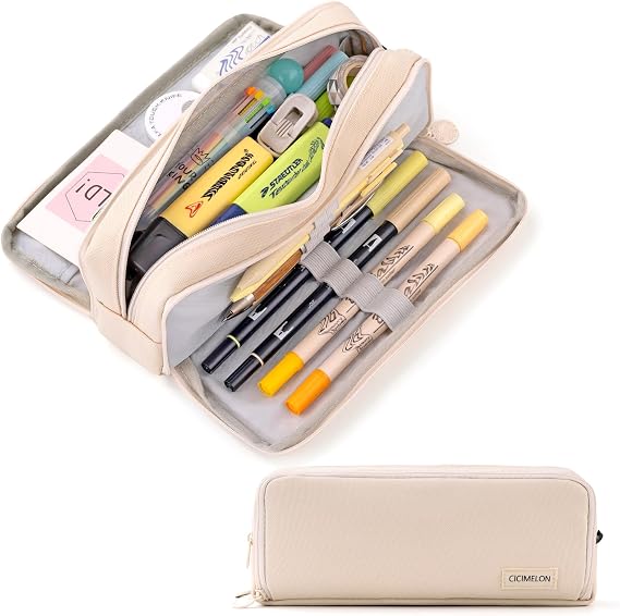 CICIMELON Large Capacity Pencil Case 3 Compartment Pouch Pen Bag for School Teen Girl Boy Men Women (Beige)