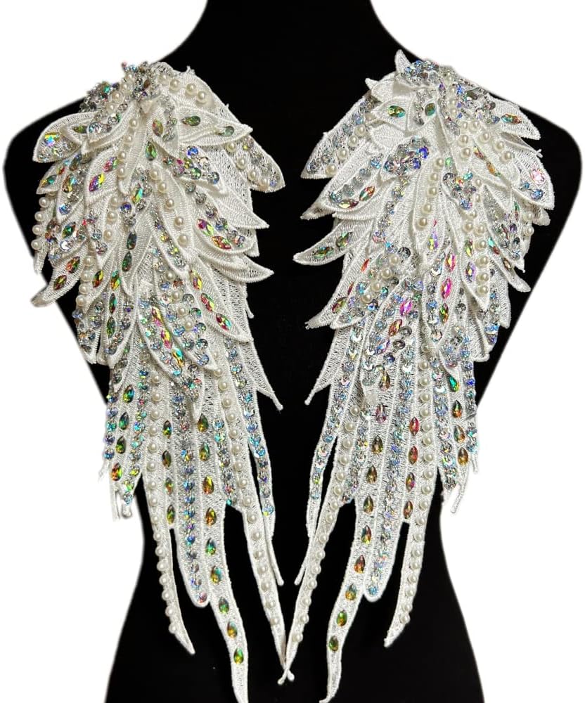 Wings Sequins Guardian Angels Patches Rhinestone Applique On for Clothes Jackets Jeans Dress DIY Decoration,1 Pair White Silver