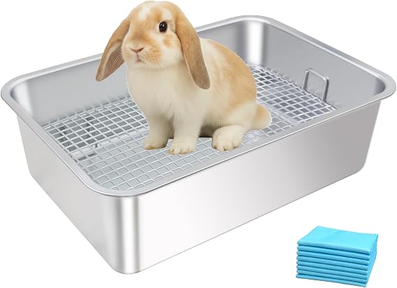 Large Stainless Steel Rabbit Litter Box,Bunny Litter Pan with Grid,Toilet Tray,High Back Wall,Deep Waste Storage (Medium)
