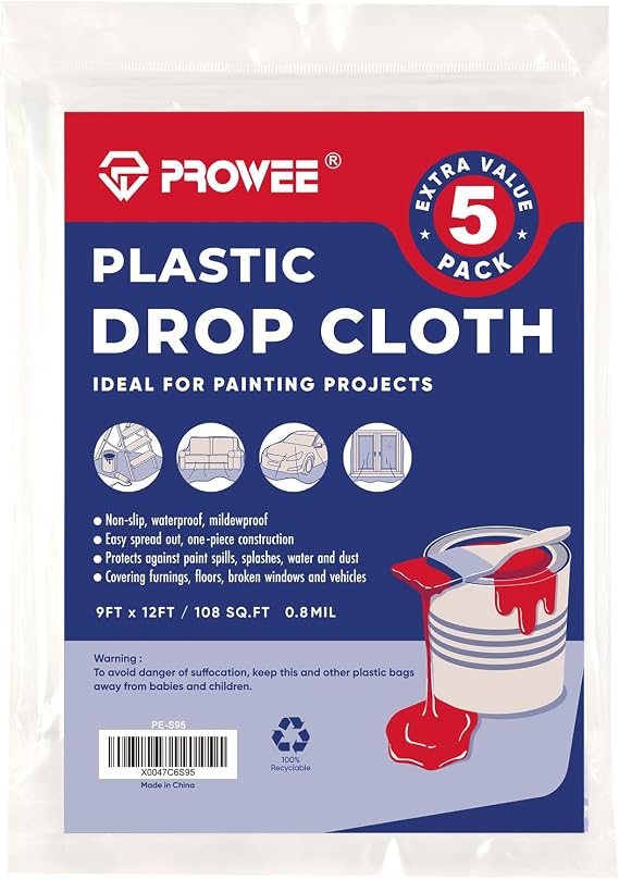 5 Pack 0.8 mil Plastic Drop Cloth for Painting 9-Feet x 12-Feet Plastic Sheeting Waterproof Paint Floor Cover Plastic Drop Sheet Painters Clear Tarp