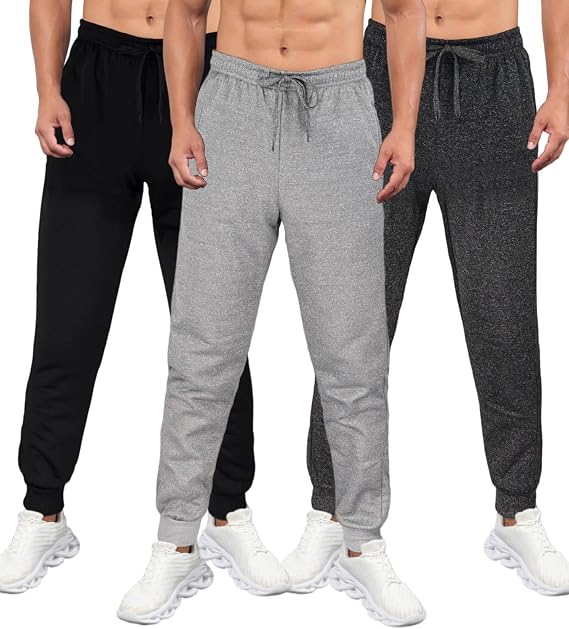 3 Packs Mens Fleece Lined Joggers Sweatpants, Tapered Jogging Sweat Pants