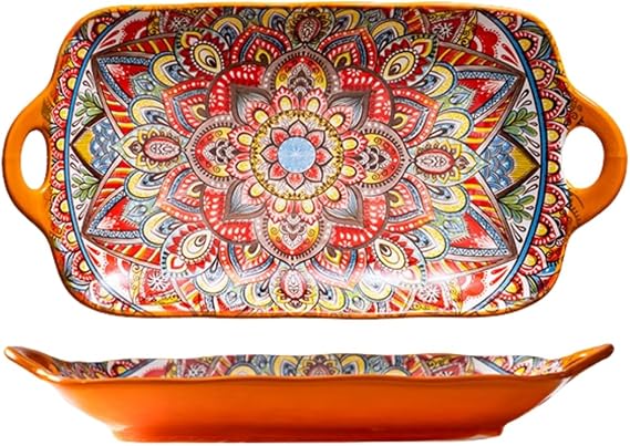 Serving Tray with Handles Rectangular Serving Platter Ceramic Extra Large Plates & Dishes Rectangle (Sunset Fiesta)