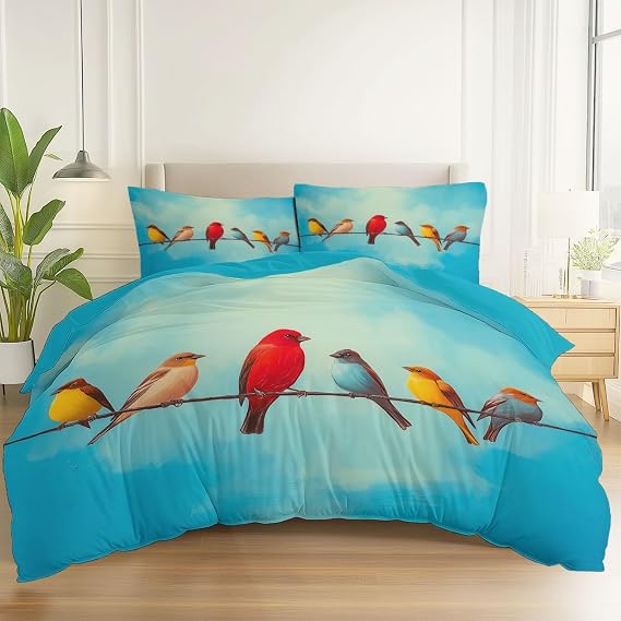 Duvet Covers Twin Animals Birds Wires Pattern Printed Comforter Cover 3Pcs, Ultra Soft & Breathable Bedding Set Brushed Microfiber All Season Reversible with Zipper Colorful Blue