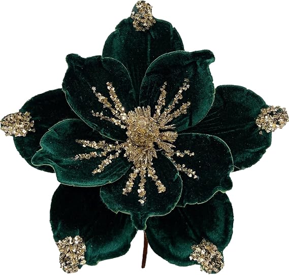 6 Pcs 10 Bigger Glitter Christmas Flower Artificial Magnolia Flowers Velvet Fold Christmas Tree Flowers Decorations Xmas Tree New Year Party Festival Wedding Ornaments (Dark Green)