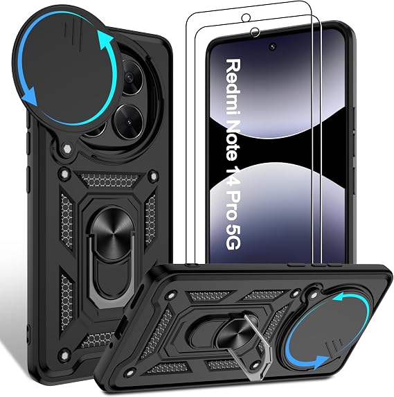 Jshru 3-in-1 for Redmi Note 14 Pro 5G Case,Full Lens Protective Cover Black | Military Grade Shockproof Anti-Scratch,Slide Camera Cover,Ring Kickstand/Holder/Stand,2 Pcs Screen Protector