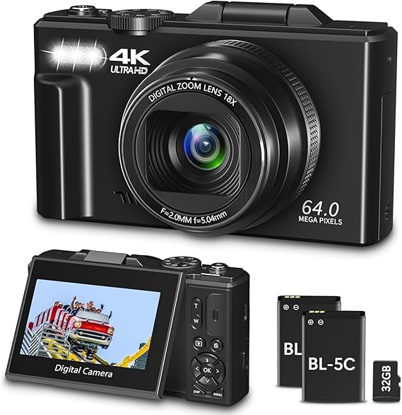 Digital Camera for Photography, WiFi 64MP 4K Vlogging Camera for YouTube, 3 Inch 180° Flip Screen, 18X Digital Zoom Compact Vlog Travel Cameras with 32GB TF Card and 2 Batteries, Black