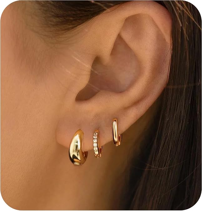 Trinckle 3 Pair Small Gold Hoop Earrings Set Stack for Women