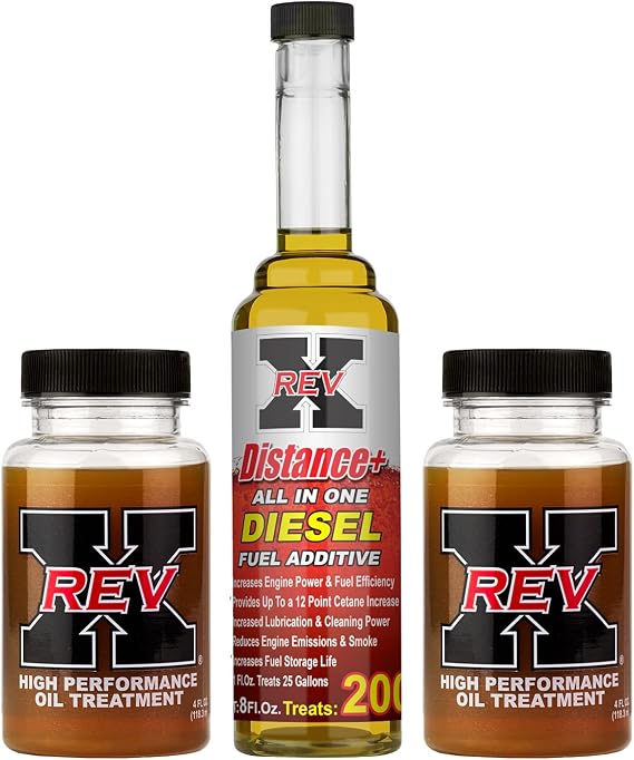 REV X Orginal Diesel Kit - High-Performance Oil Additive - 4 fl. oz. (2 Pack) + Distance+ Diesel Fuel Additive (8 fl. oz.)