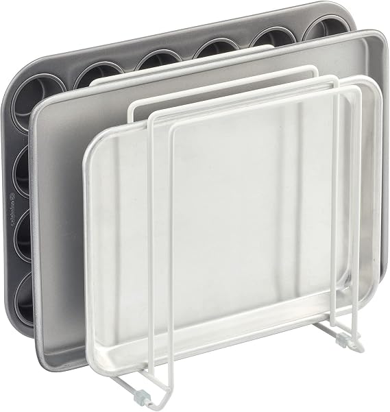 mDesign X-Large Steel Storage Tray Organizer Rack for Kitchen Cabinet - Divided Holder with 5 Slots for Skillets, Frying Pan, Pot Lids, Cutting Board, Baking Sheets - Concerto Collection - White