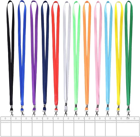 12 Colors Lanyards for Neck with with Clear Plastic ID Card Holders