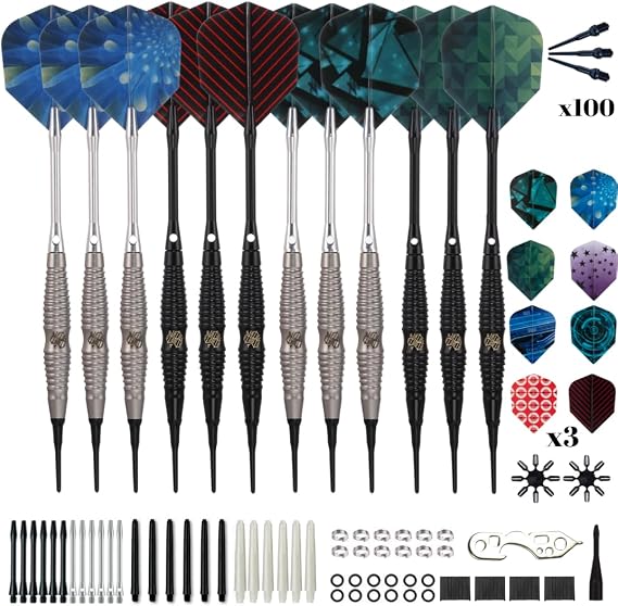 Shot Taker Co. Plastic Tip - Soft Tip Darts Set - 12 Pcs with 100 Extra Dart Tips 24 Flights Flight Protectors and Wrench for Electronic Dart Board