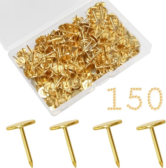 150PCS Gold Push Pins Flat Thumb Tacks for Cork Board Flat Head, Heavy Duty Push Pins with Plastic Box for Wall Office Home Furniture Decor.