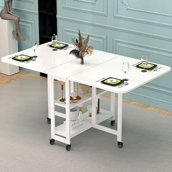 Space Saving Folding Dining Table, Drop Leaf Dining Table with Lockable Wheels, Extendable Dinner Table with 2-Layer Storage Shelf, Multifunction Expandable Table for Kitchen, Bedroom, Living Room ( C