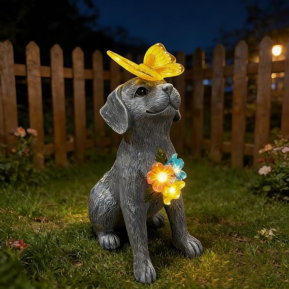 Dog Garden Statue Solar Butterfly, Dogs Figurines with Lantern Outdoor Patio Yard Decor Ideal Birthday Housewarming Gifts ,Dad Mom Grandma Dog Lovers, Beautifully Crafted Decorations to Wow Guests