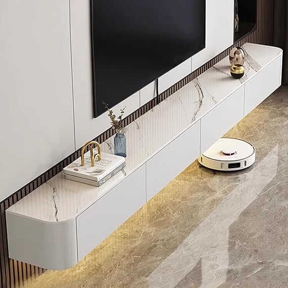 Floating TV Unit, Wall Mounted TV Cabinet, Floating Shelves with Doors & Drawer, Modern Entertainment Media Console Center Storage TV Bench for Living Room & Office (White-B, 240cm/94in)