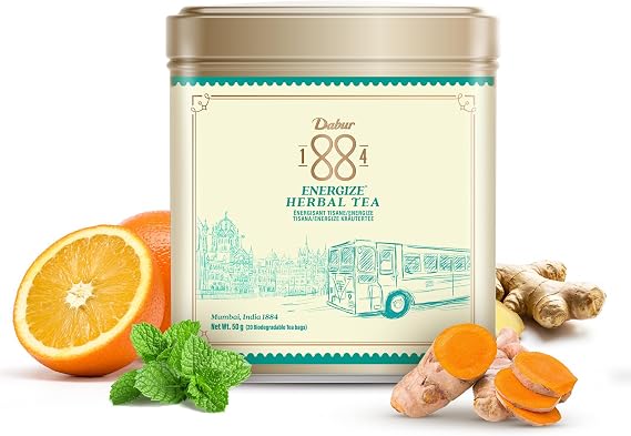 Dabur 1884 Energize Herbal Tea | 20 Biodegradable Teabags (50g) |100% Natural Ingredients | Recyclable Aluminum Tin | Enhances immunity, supports digestion | Perfect for Gifting