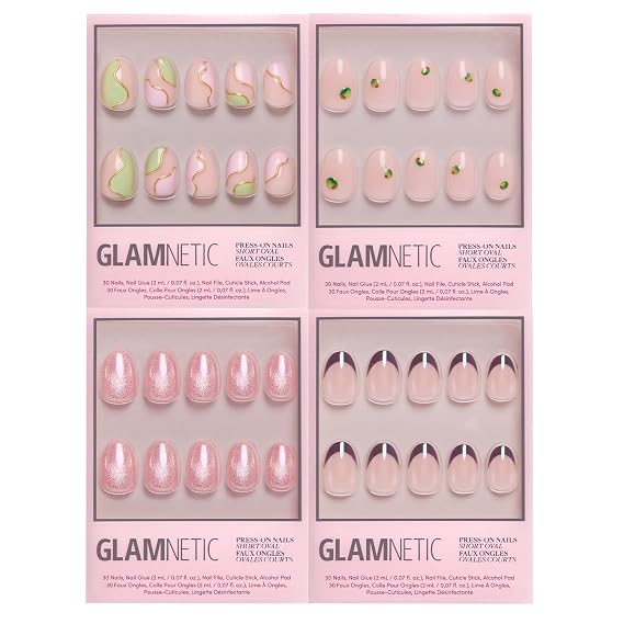 Glamnetic Press-On Nails Bundle - Sweet Sips | 4 Short Oval Fake Nails Inspired by Artisanal Drinks | Glossy & Glazed Cafe-Inspired Designs | Durable, Salon-Quality Nail Kits