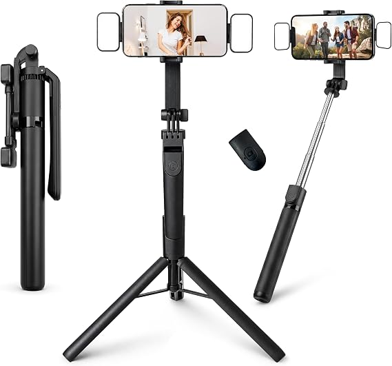 Selfie Stick Tripod with Dual LED Lights, 360 Rotating Adjustable Phone Stand, Bluetooth Remote, Extendable 1.7m Foldable Tripod for Live Streaming, Vlogging & Travel