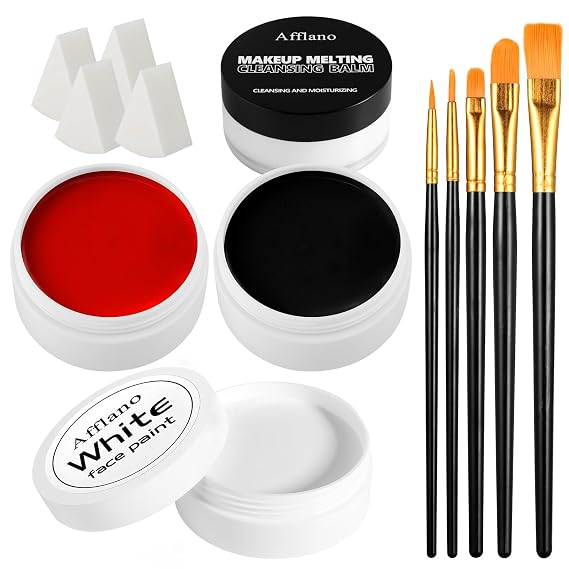 Black White Red Face Paint Kit Large 50g Oil-Based Grease Makeup Set with Remover Balm, 5 Brushes & 4 Sponges Waterproof, Full Coverage Halloween, Cosplay & Stage SFX Makeup