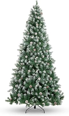6ft Pre-Decorated Holiday Christmas Tree for Home, Office, Party Decoration, 1000 PVC Branch Tips, Partially Flocked Design, Pine Cones, Metal Hinges & Base, Flocked Christmas Tree