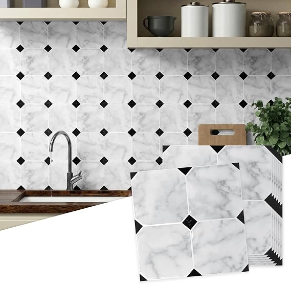 Peel and Stick Backsplash, 15 Tiles, 7.75'' x 7.75'' White Marble