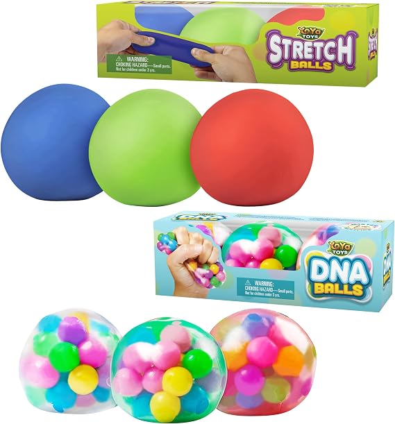 Stretch Balls & DNA Balls Bundle (6-Pack) - 3 Strechy Stress Balls and 3 DNA Balls - Squishy Fidget Balls for Kids and Adults - Fun to Stretch and Squeeze - Sensory Stress Relief ADHD Toy Gift Set