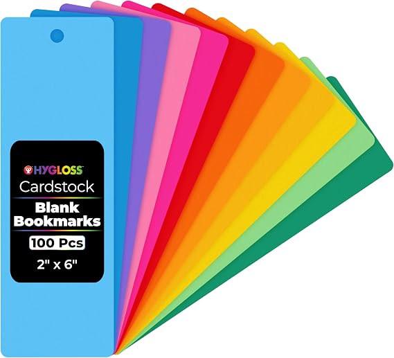 Hygloss Blank Bookmarks to Decorate - 100 Colorful DIY Bookmark Cardstock Blanks - 2x6 Inch, Pre-Punched Hole - Perfect for Craft Projects, Classroom Activities, Custom Gifts - 65 lb Paper