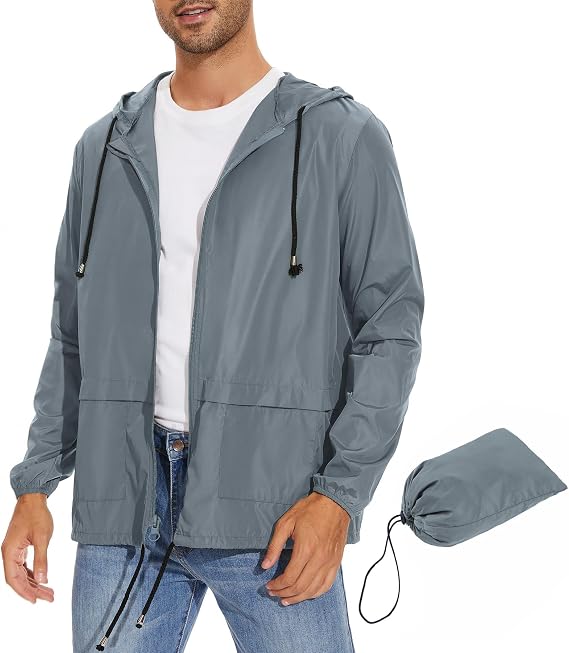 Zando Lightweight Rain Jacket Men Waterproof Hooded Windbreaker | Mens Light Rain Jacket with Hood, Packable Raincoat for Men, Wind Breaker Jackets for Travel Hiking Cycling Commute Outdoor