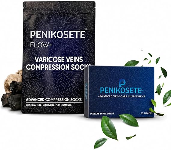 PENIKOSETE Varicose & Spider Vein Tablets + Compression Socks Bundle | 60 Ayurvedic Tablets & 20 mmHg Graduated Socks (S/M) | Ashwagandha & Turmeric for Swelling, Circulation, Heart & Rectal Support