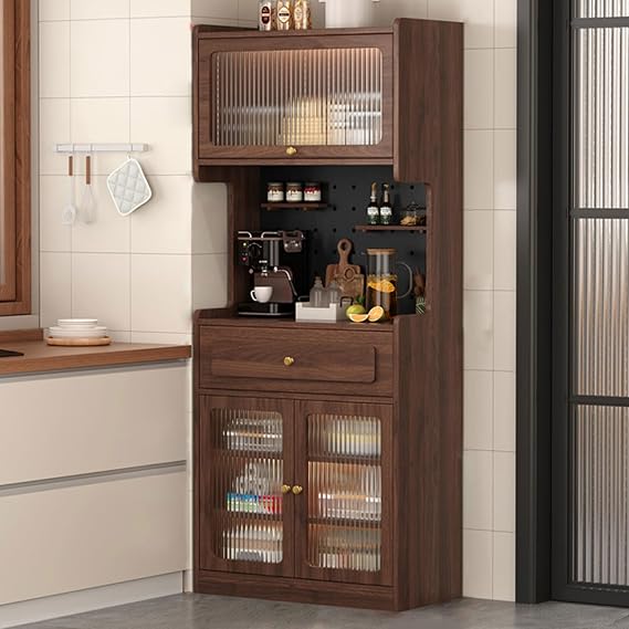 Pantry Cabinet, Kitchen Pantry Storage Cabinet With 3 Doors, Arched Pantry Cabinet, Farmhouse Tall Food Large Wood Pantry Storage Furniture For Kitchen Dining Room(Brown,50cm/19.7in)