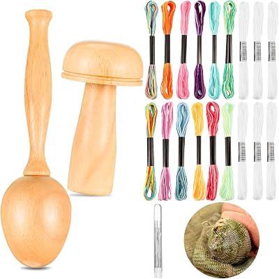 Crowye 2 Pcs Darning Supplies Kit Wooden Mushroom Darning Egg for Socks with Large Eye Needles Sewing Threads for Socks Clothes Adults DIY Home Sewing CareMulticolor