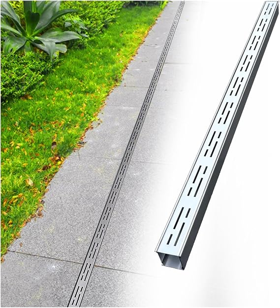 LZMZMQ Narrow Trench Drain Outdoor, 2-in Slim Channel Drain and Grate Kit, Driveway/Walkways/Garden/Balcony Splicable Linear Gutter System Kit, Stainless Steel(1 Piece,LxWxH/78.7x2x1.2in)