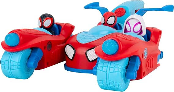 Jazwares Marvel Spidey and His Amazing Friends Spidey Team Split Racer - 8.5-Inch Three-in-One Vehicle with Web Darts, Sound Effects, and Phrases