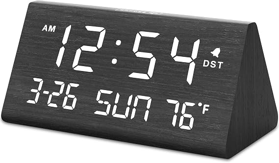 DreamSky Digital Alarm Clock for Bedrooms - Wooden Desk Clock with Date