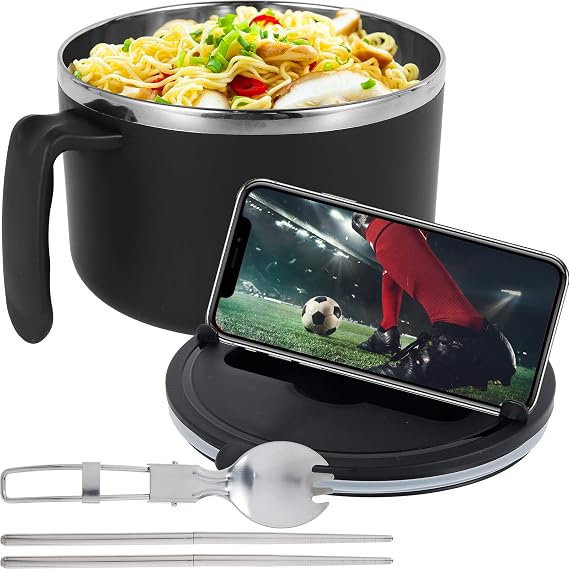 1200ml Rapid Ramen Bowl with Filterable Lid,with Spoon Chopsticks Stainless Steel Rapid Ramen Cooker Soup Bowls BPA Free Instant Serving Bowl Portable Salad Pasta for Office Dorm(Black)