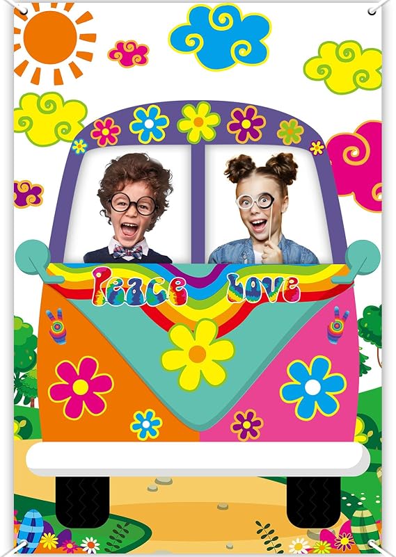 60's Hippie Bus Photo Prop 60s Party Decorations Large Fabric Retro Groovy Van Prop Hippie Selfie Frame Backdrop Background Banner Birthday Party Supplies Retro 60s 70s Party Favors 59 x 39.4 Inch