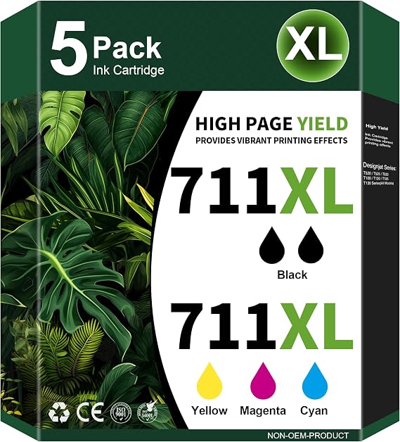 5-Pack 711XL Ink Cartridges High Yield Compatible Replacement for HP 711 ink Cartridges 711XL Work for HP Designjet T120 T100 T520 T125 T130 T525 T530 Printer (2 Black, 1 Cyan, 1 Magenta, 1 Yellow)