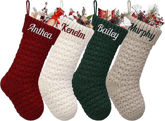Personalized Christmas Stockings,Custom Name Family Christmas Stockings 18” Large Knit Knitted Xmas Stocking for Kids (4 Pack,Knitted Cable-g)