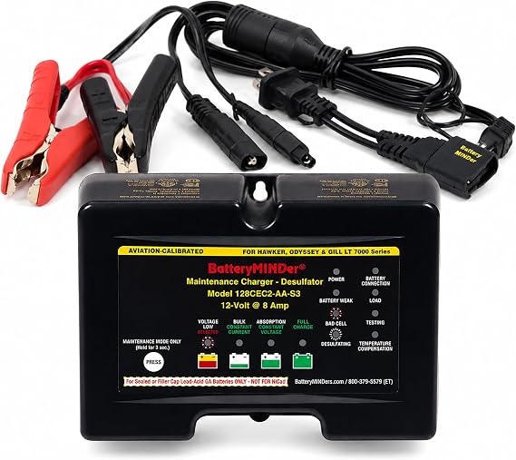 BatteryMINDer 128CEC2-AAS3: 12 Volt-8 Amp Aviation Calibrated for Hawker, Odyssey Series Aviation Battery Charger, Battery Maintainer, and Battery Desulfator